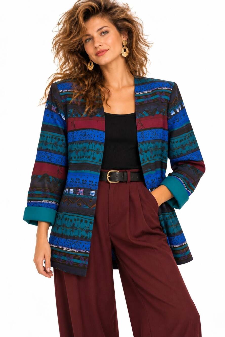 Vintage 90s Leslie Belle Jacket Size 14 Colorful Geometric Tribal Print Blazer